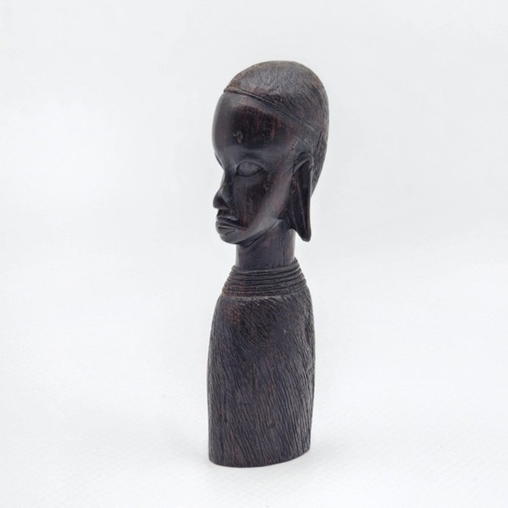 Vintage African Hand Carved Ebony Wood Female Bust Elongated Head Figurine 9" - Picture 8 of 11
